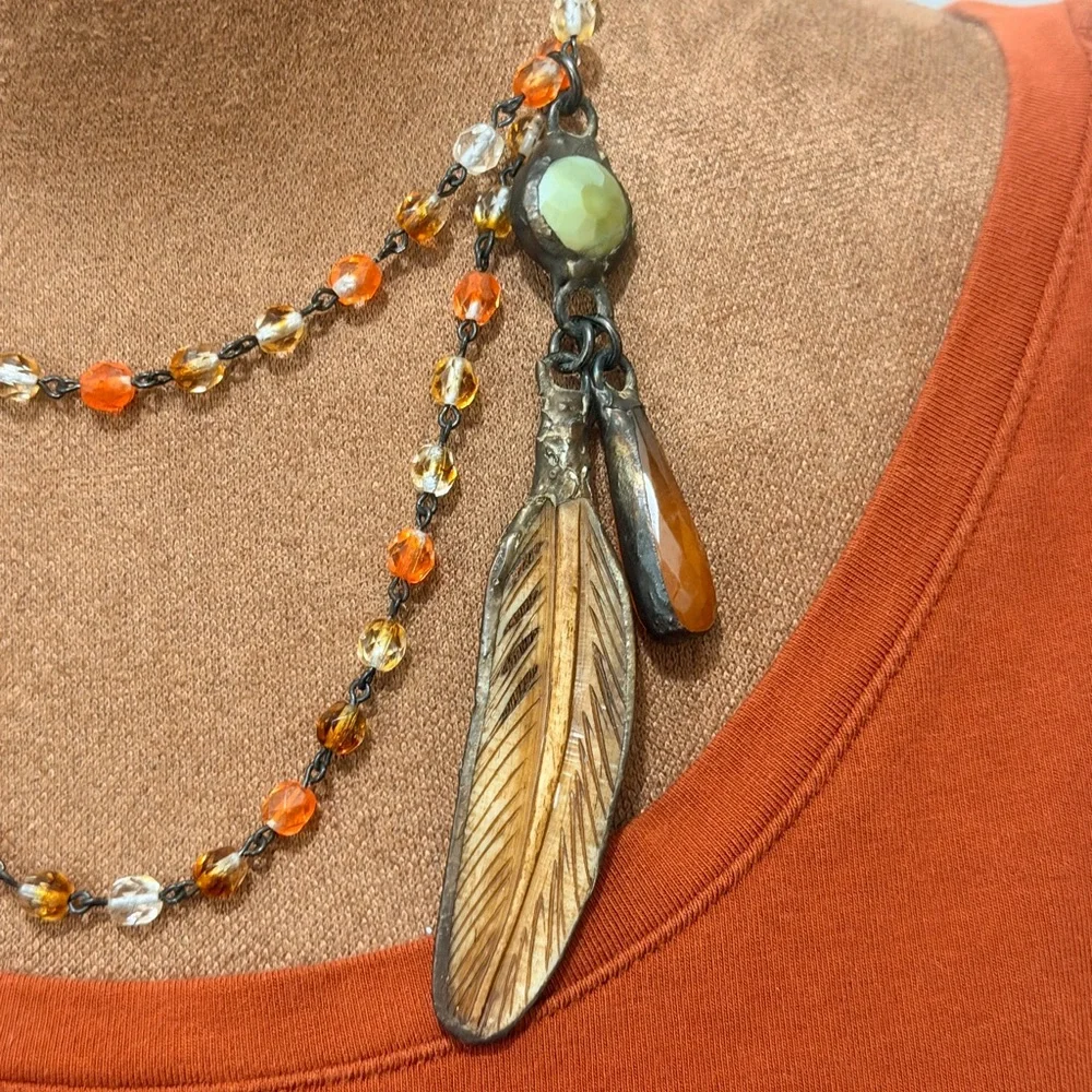 Bohemian-Style Orange Beaded Necklace with Feather Pendant